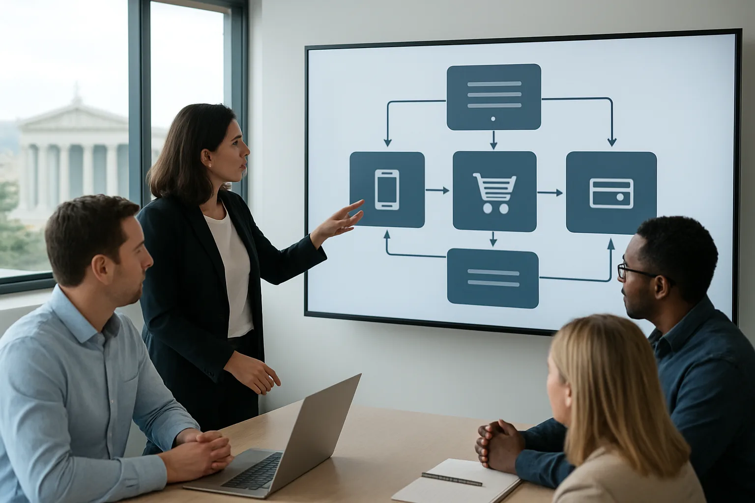 Practical Guide to Digital Transformation Services 1 Editorial illustration of a project team reviewing a technical systems map on a large screen: annotated boxes for ERP, mobile app, web storefront, payment gateway; Athens skyline subtly in background; flat modern style, professional blog…