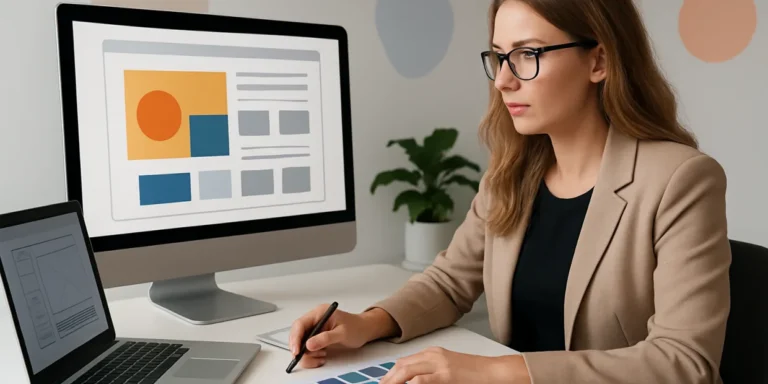 Designers and developers collaborating over responsive website wireframes and code, showing end-to-end web design services