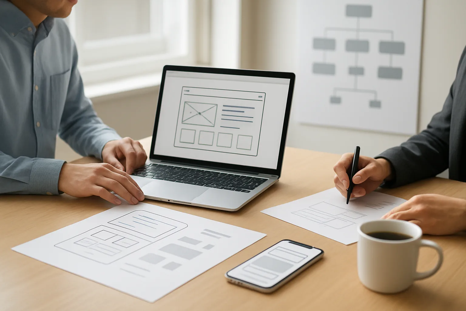 Editorial illustration of a collaborative agency meeting: project brief on a table, wireframes on a laptop screen, a sitemap poster on the wall, and a mock mobile app next to a cup of coffee; clean, professional blog style, no text or…