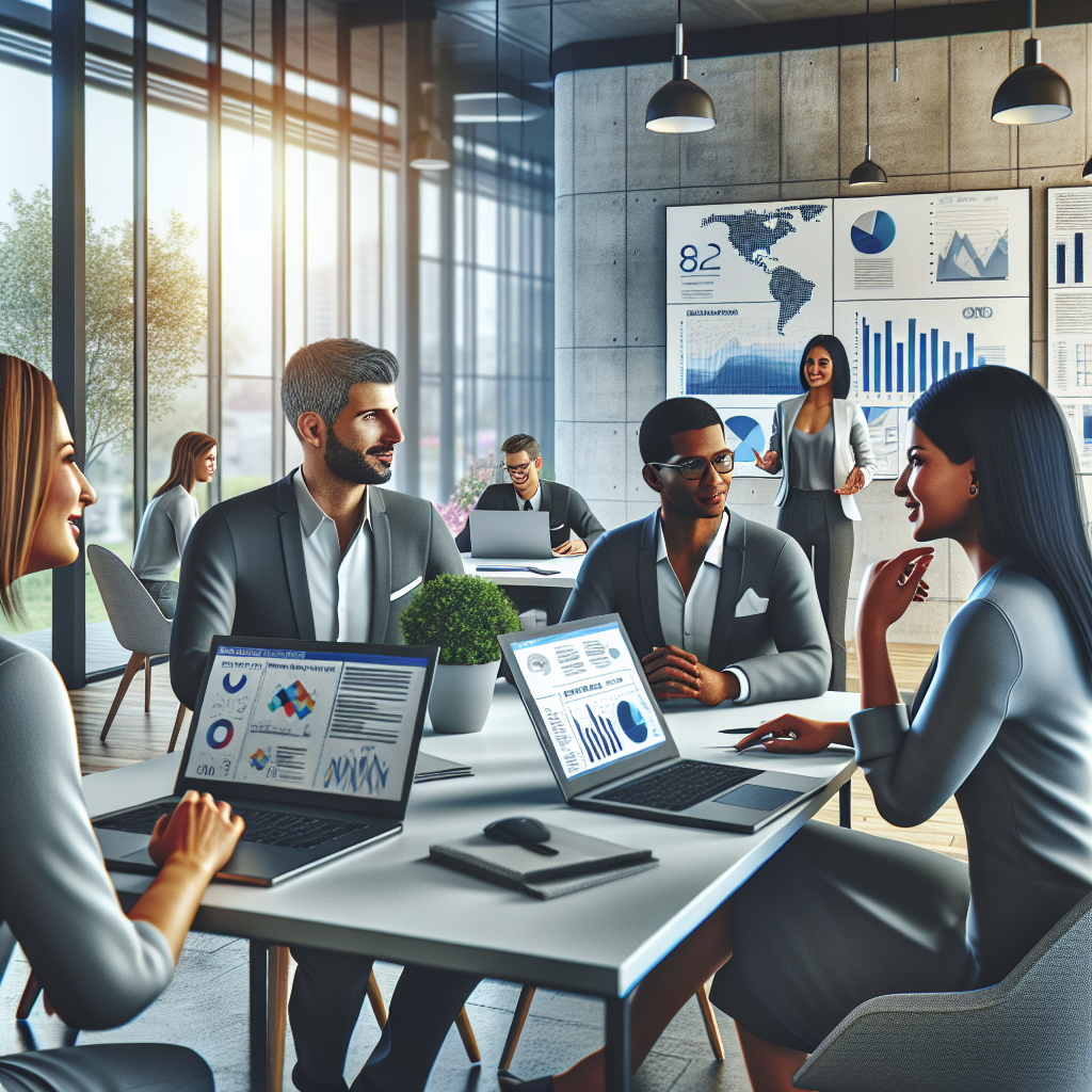 Illustration: A professional team discussing digital marketing strategies in a modern office setting, with charts 