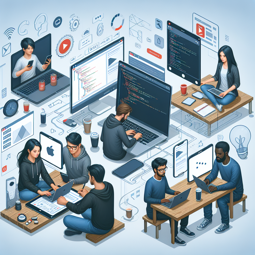 Illustration: A mobile app development process with developers working on laptops and smartphones, highlighting in