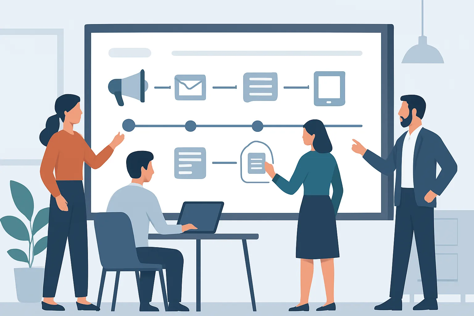 Editorial illustration of a cross-functional team mapping a digital marketing timeline on a large whiteboard: labeled lanes for Discovery, Strategy, Development, Launch; icons for paid ads, email, content, and a mobile app mockup; modern…