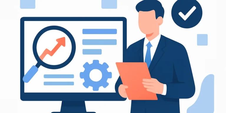 Developer workspace with laptop, site architecture diagram, code snippets and analytics charts illustrating SEO development