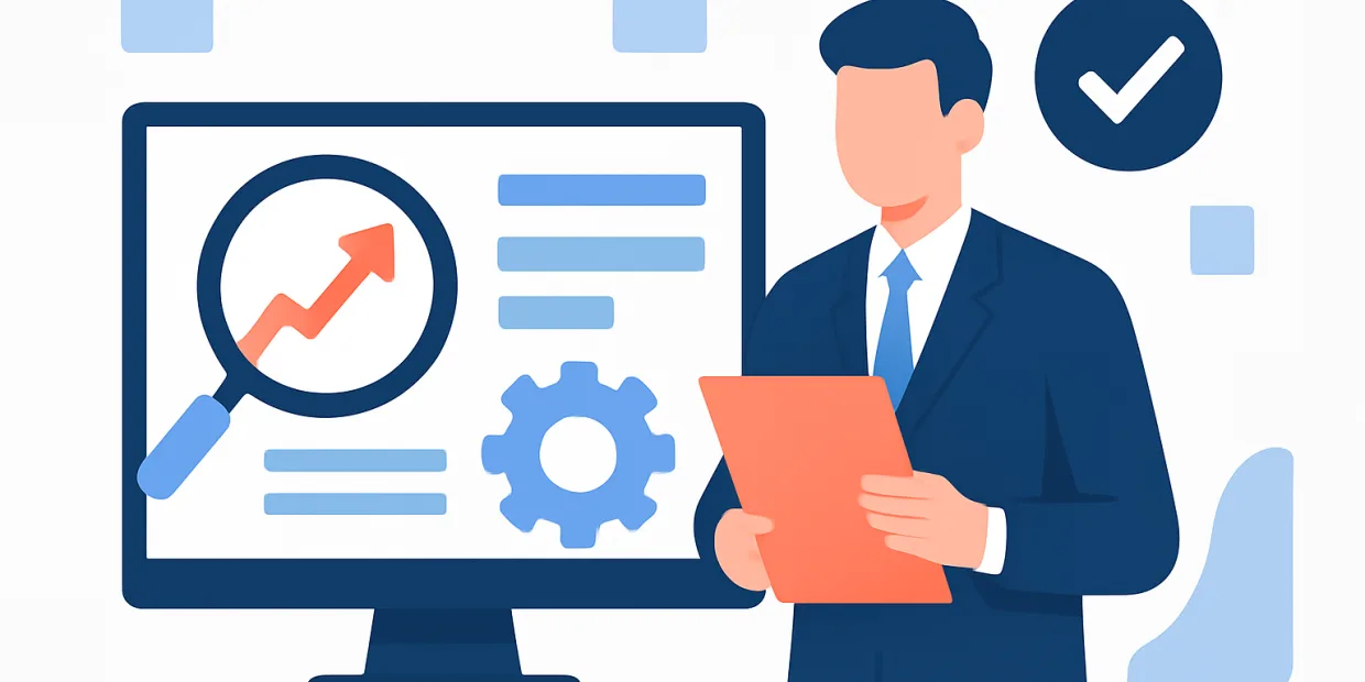 Developer workspace with laptop, site architecture diagram, code snippets and analytics charts illustrating SEO development