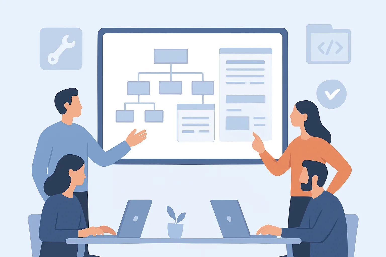 Editorial illustration showing a cross-functional team around a large digital whiteboard mapping site architecture, URLs, and content templates; include visual cues for staging, code repository, and testing tools; modern clean style…