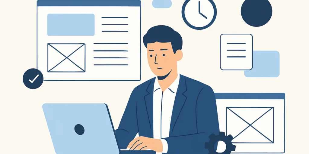 Designer reviewing wireframes and project timeline on laptop with checklist and calendar