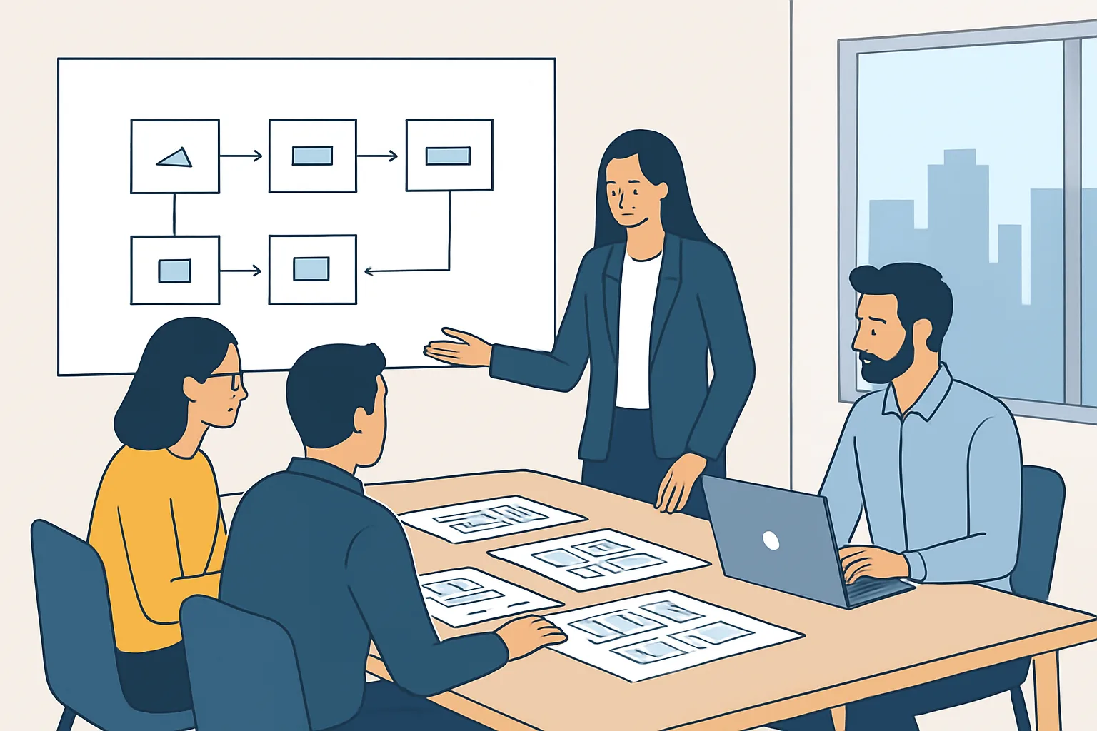 Choosing Web Design Services: Deliverables, Timelines, and T 1 Editorial illustration: a project room scene showing a team around a table with printed wireframes, a laptop showing a Figma UI, a whiteboard with 'Discovery → Strategy → Development → Launch' flowchart, and a window view of an office…