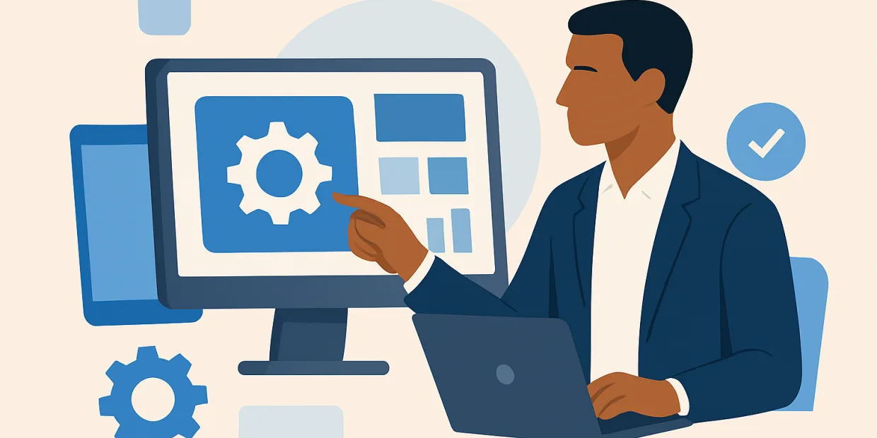 Team around monitors with UI mockups, code, and integration diagrams representing custom digital solutions