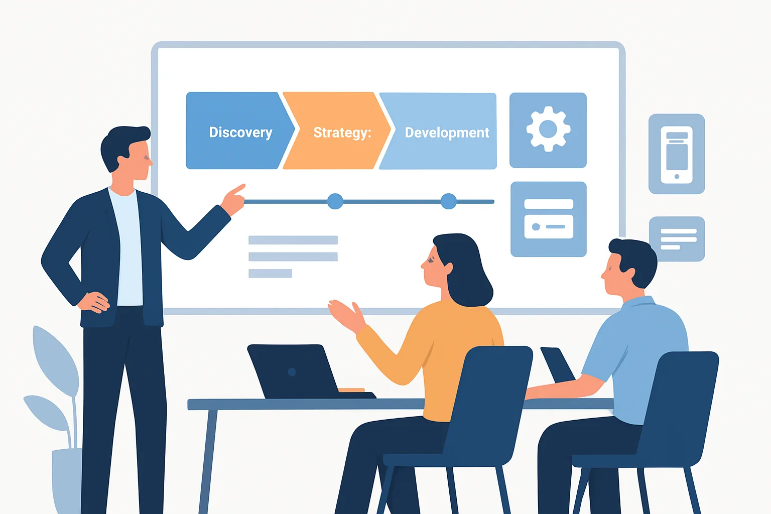Custom digital solutions: a practical procurement guide 1 Editorial illustration: a project room scene showing a product owner, UX designer, and developer around a large screen with a phased timeline labeled Discovery, Strategy, Development, Launch; include integration icons ERP, mobile…
