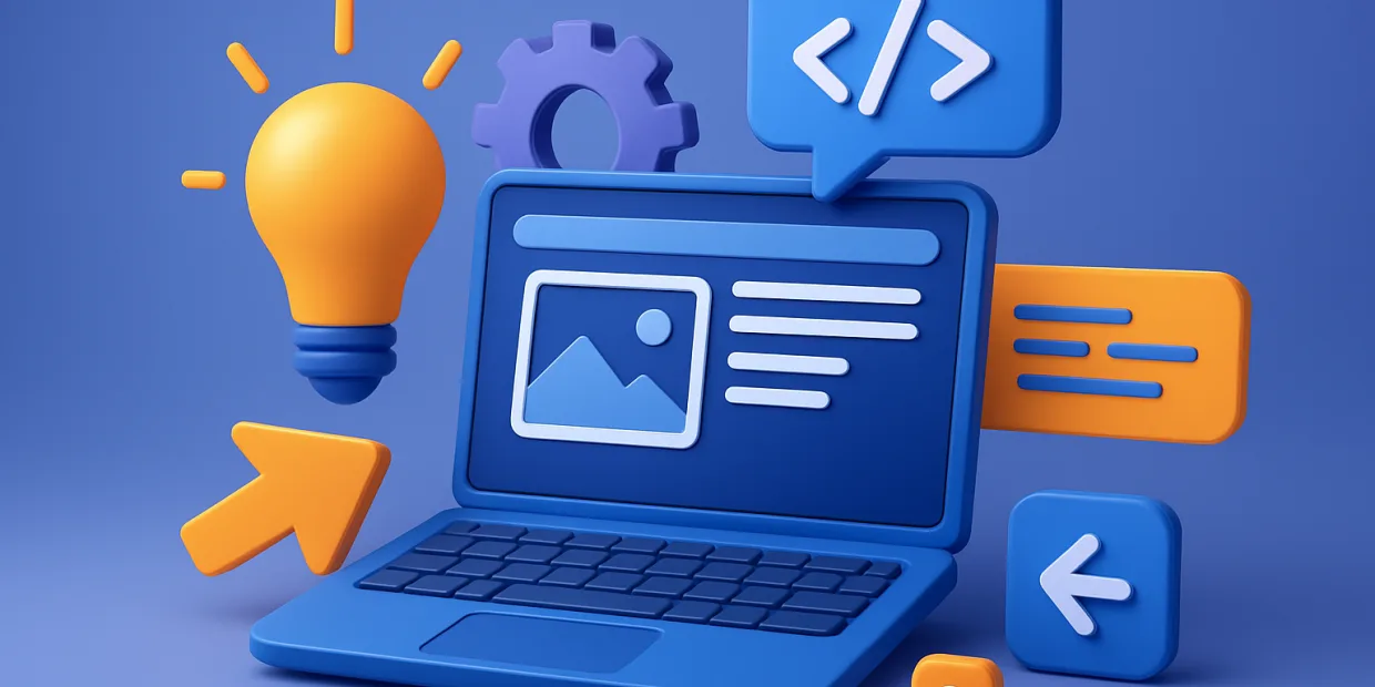 Developers collaborating with code, design mockups, cloud and CI/CD icons symbolizing innovative web development