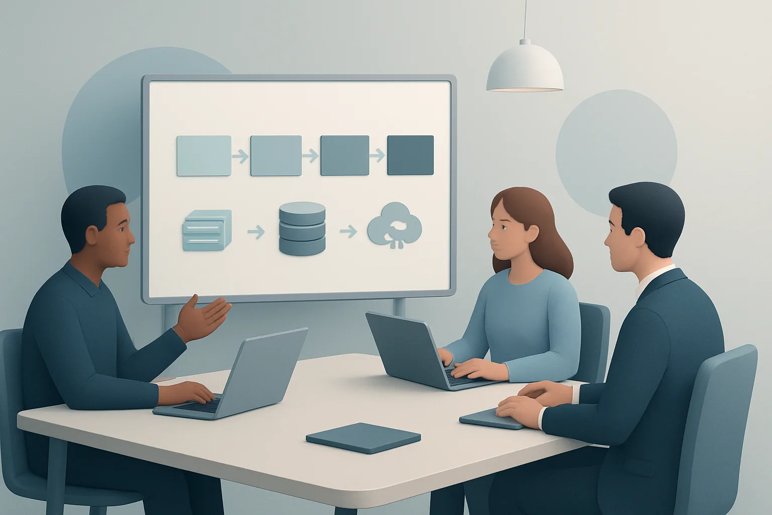 Innovative Web Development Playbook 1 Editorial illustration of a product team workshop: stakeholders around a table with laptops, a whiteboard showing 'Discovery → Strategy → Development → Launch', and architectural sketches of JAMstack, headless CMS, and serverless icons…