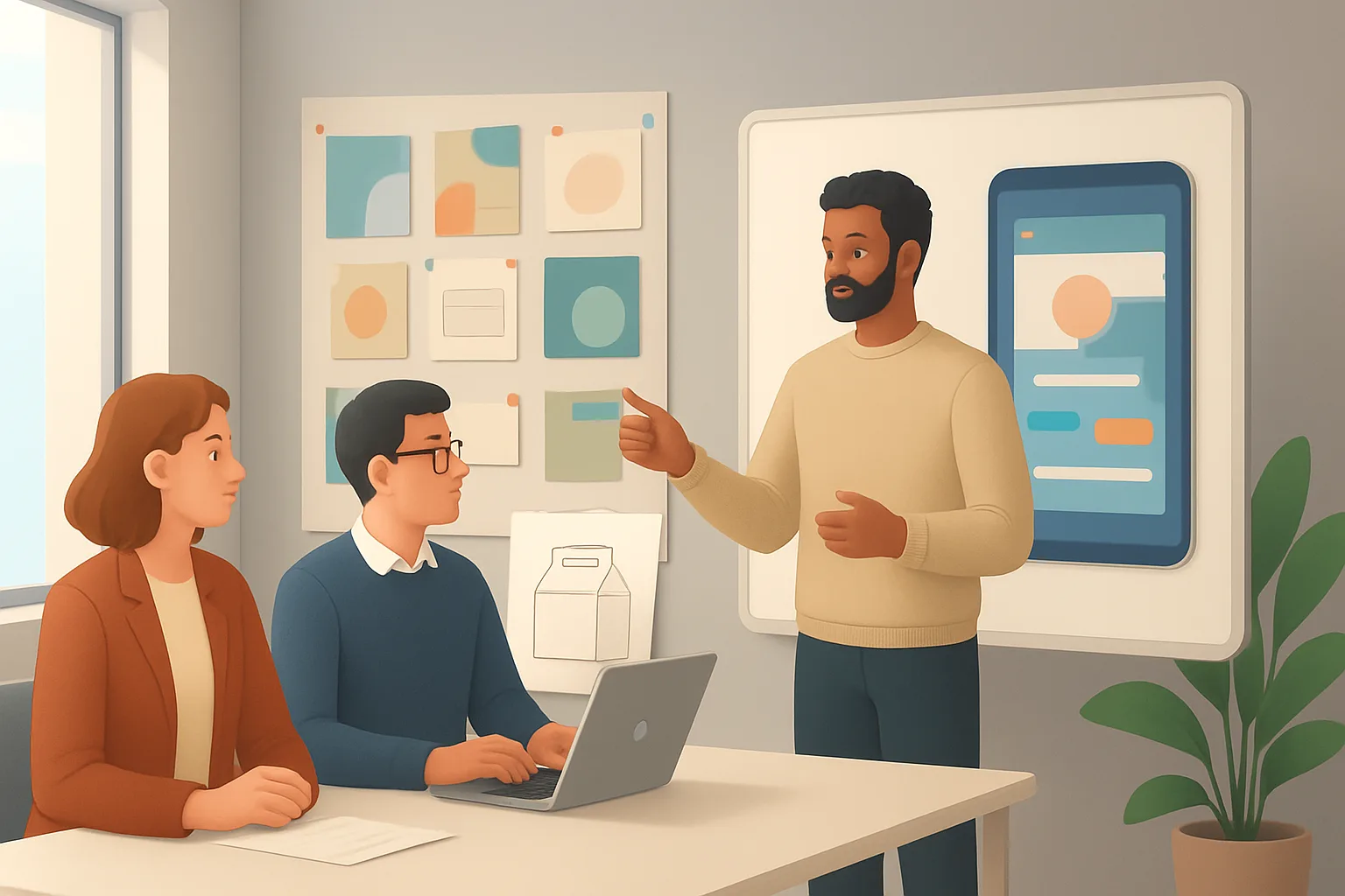 How to Hire a Graphic Design Agency Without Costly Mistakes 1 Editorial-style illustration of a collaborative agency meeting: a creative director presenting packaging dielines and a Figma screen to a marketing manager and developer, with mood boards pinned on a wall; clean modern office, natural…