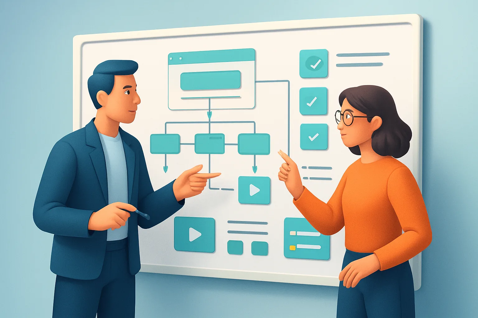 User-Friendly Websites That Convert 1 Editorial illustration of a product manager and a designer standing over a whiteboard with a task-first site map, annotated micro-conversion flows, accessibility notes keyboard focus, contrast swatches , and a visible checklist labeled…