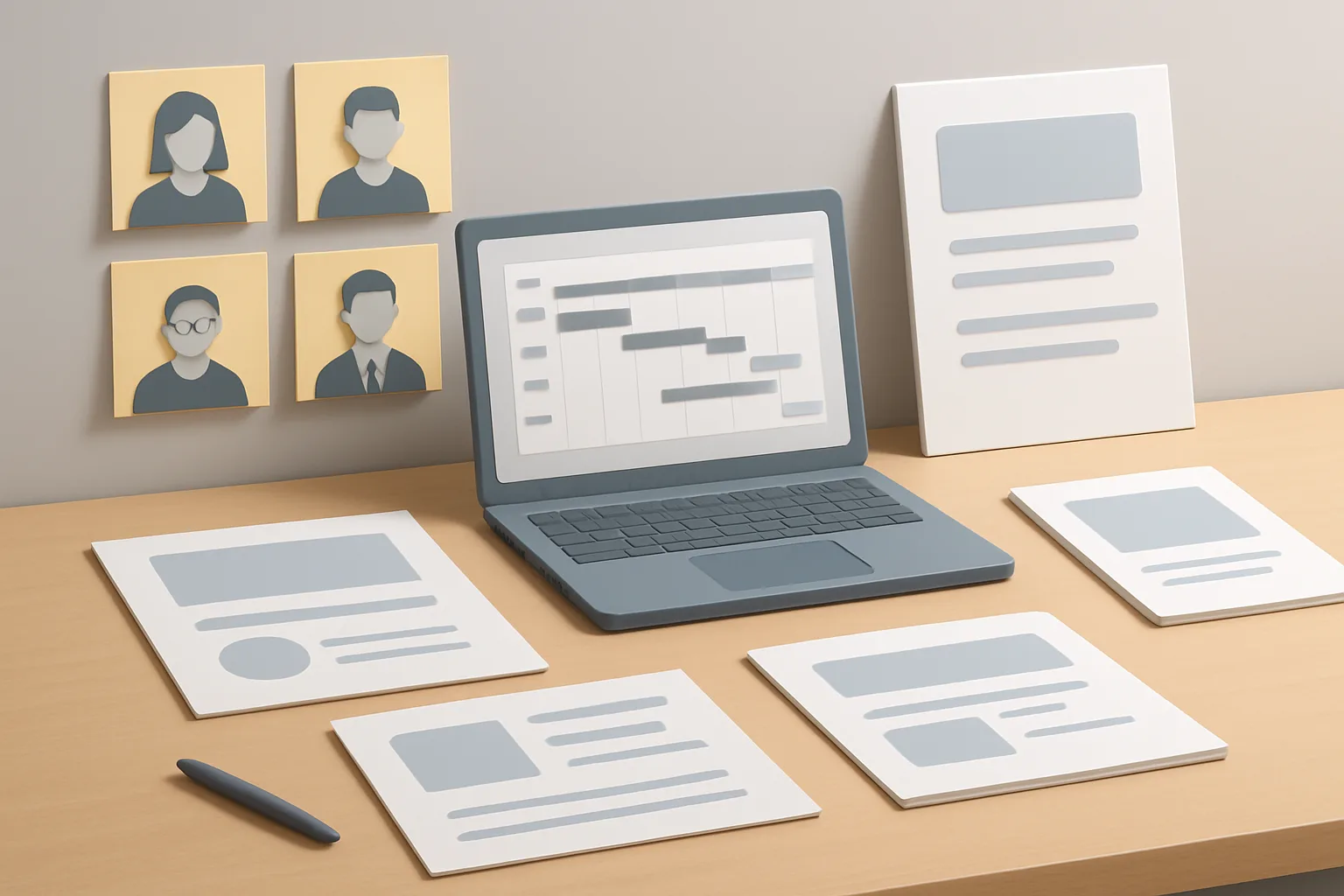 Editorial illustration showing a collaborative agency workshop table: stakeholder personas on sticky notes, a laptop displaying campaign timelines, printed persona one-pagers, and branded examples like product datasheets and partner…