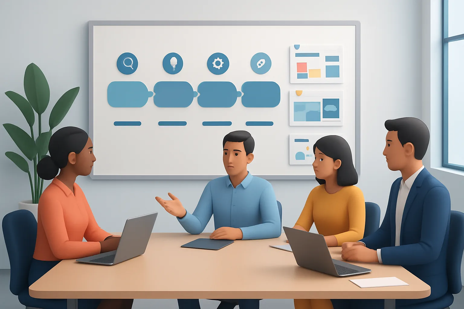 Competitive Digital Marketing: A Practical Playbook 1 Editorial illustration: a team meeting around a table with a whiteboard showing a four-stage workflow Discovery → Strategy → Development → Launch , campaign assets pinned creative thumbnails, landing page mockups, ad platform…