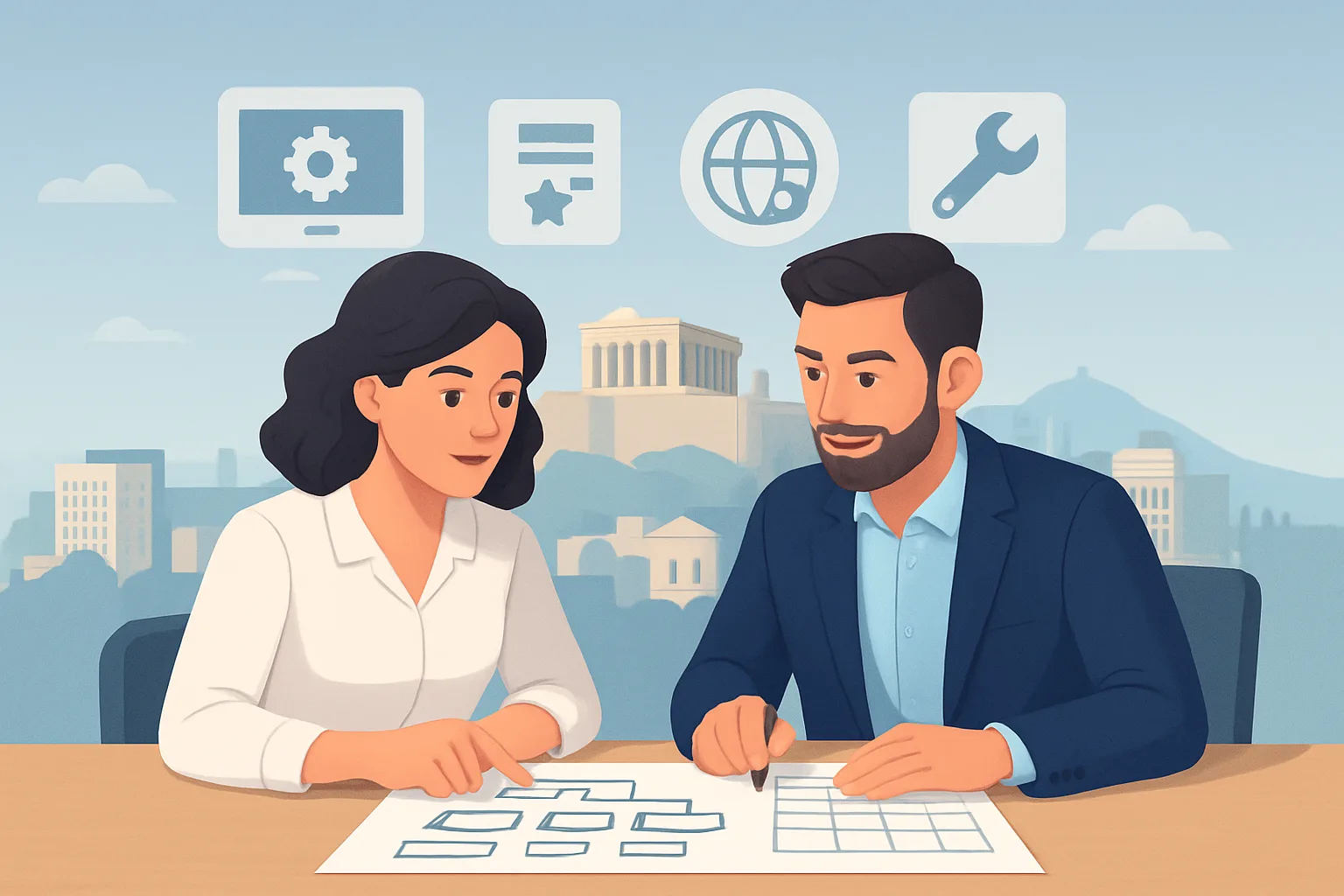 SEO Services Greece: How to Choose and What to Expect 1 Editorial-style illustration of a Greek small-business owner and an agency project manager reviewing a website sitemap and content calendar together, with Athens skyline and icons for web development, content, local listings, and…