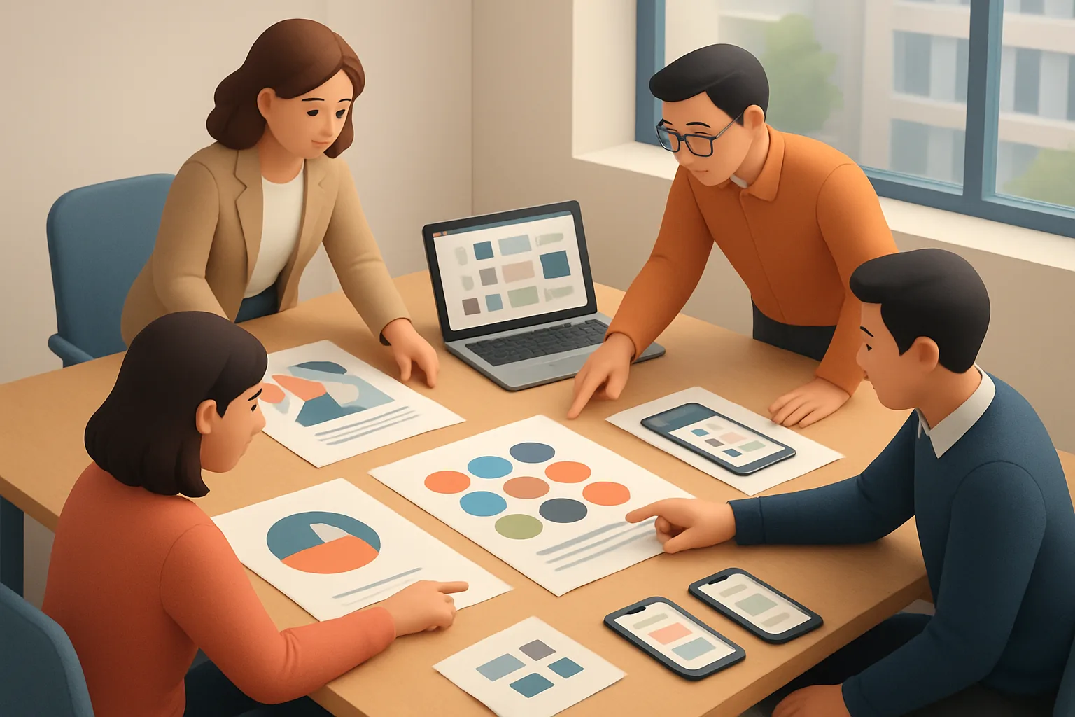 Brand Identity Design: A B2B Execution Framework 1 Editorial illustration of a collaborative agency workshop: a conference table with printed brand boards, a laptop showing a Figma component library, mobile app mockups, and stakeholders pointing at a color palette — modern office, natural…