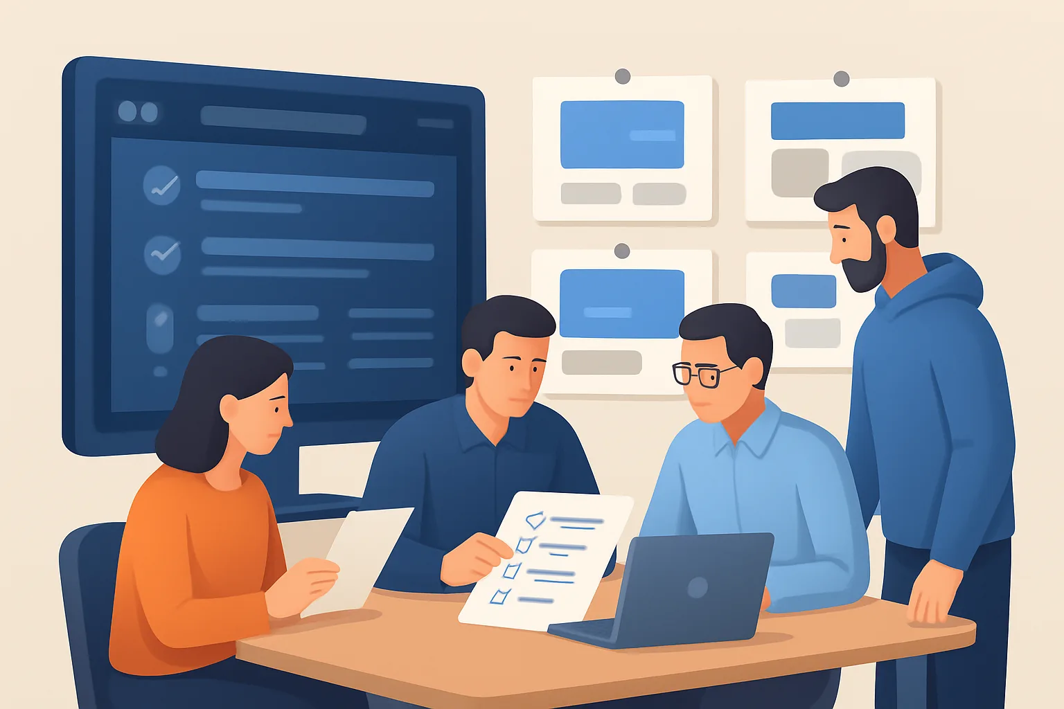 Practical Quality Assurance in Digital Projects 1 Editorial illustration of a multidisciplinary QA workflow for a digital product: a staging server dashboard with test suites running, developers and designers around a table reviewing a release checklist, and visual regression snapshots…