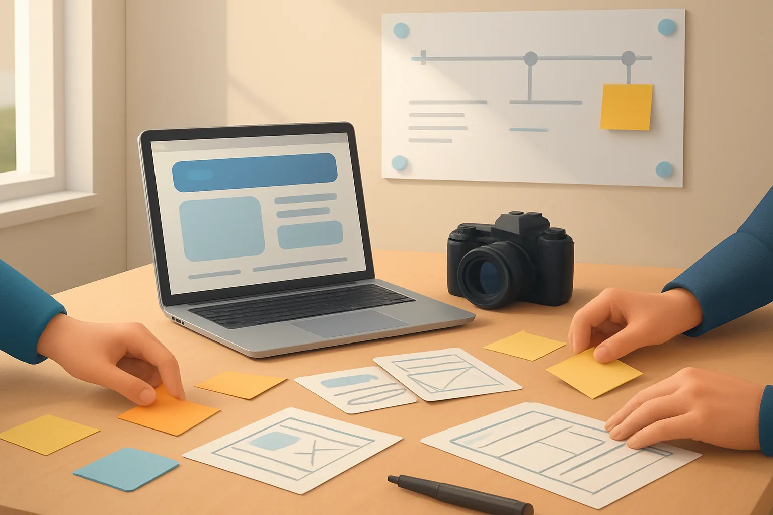 How to Choose Online Presence Enhancement That Actually Work 1 Editorial illustration of a collaborative agency workshop: a table with sticky notes, wireframe sketches, a laptop showing a staging website, a camera for product photography, and a timeline chart pinned to the wall; professional blog…
