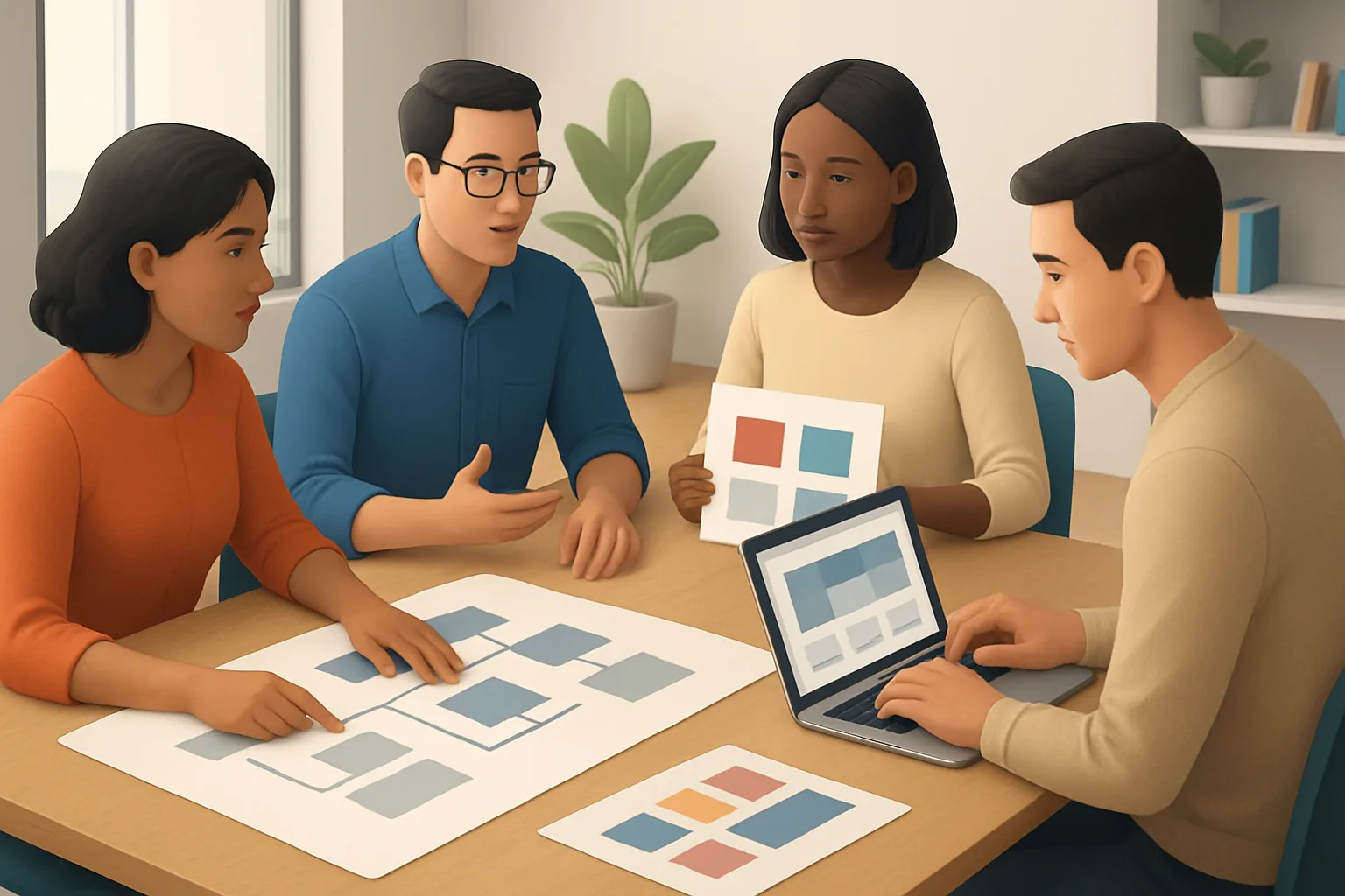 What Is Online Presence Enhancement? 1 Editorial illustration of a product team workshop: stakeholders around a table reviewing a sitemap and product mockups on a laptop and printed brand boards; modern agency office, natural light, clean design, no text or logos