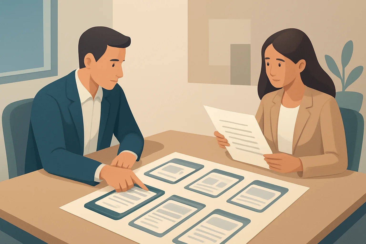 How to Choose App Development Solutions 1 Editorial illustration: a product manager and a procurement lead reviewing mobile app wireframes and a printed RFP on a conference table, with labeled columns for Native, Cross-platform, PWA; modern office, clear visual hierarchy, muted…