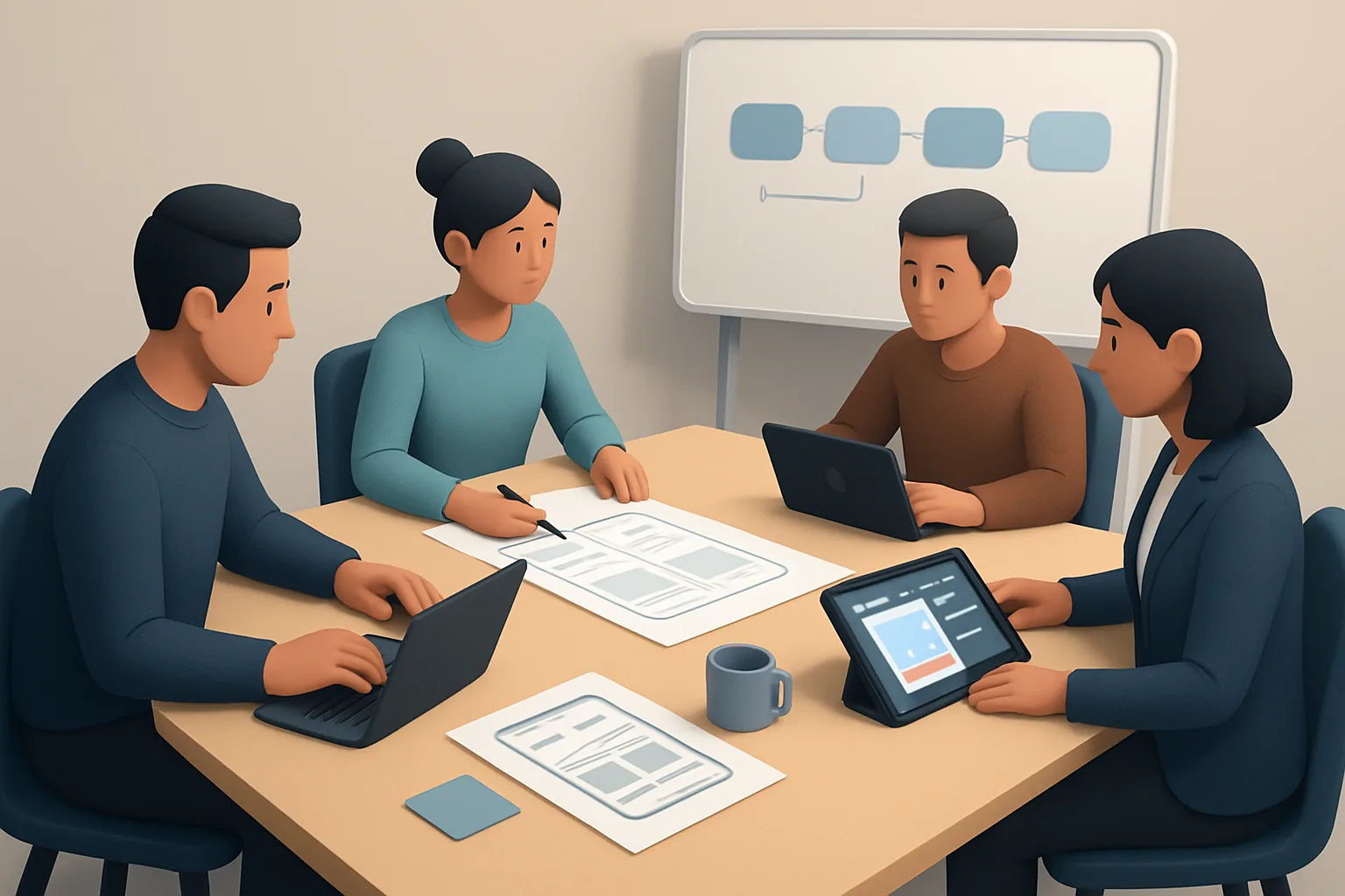 What Is App Development Solutions: Components, Costs, and Us 1 Editorial illustration of a product team workshop: a conference table with a one-page app brief, wireframes and a tablet displaying a prototype; include laptops showing code snippets and a whiteboard labeled Discovery → Strategy →…