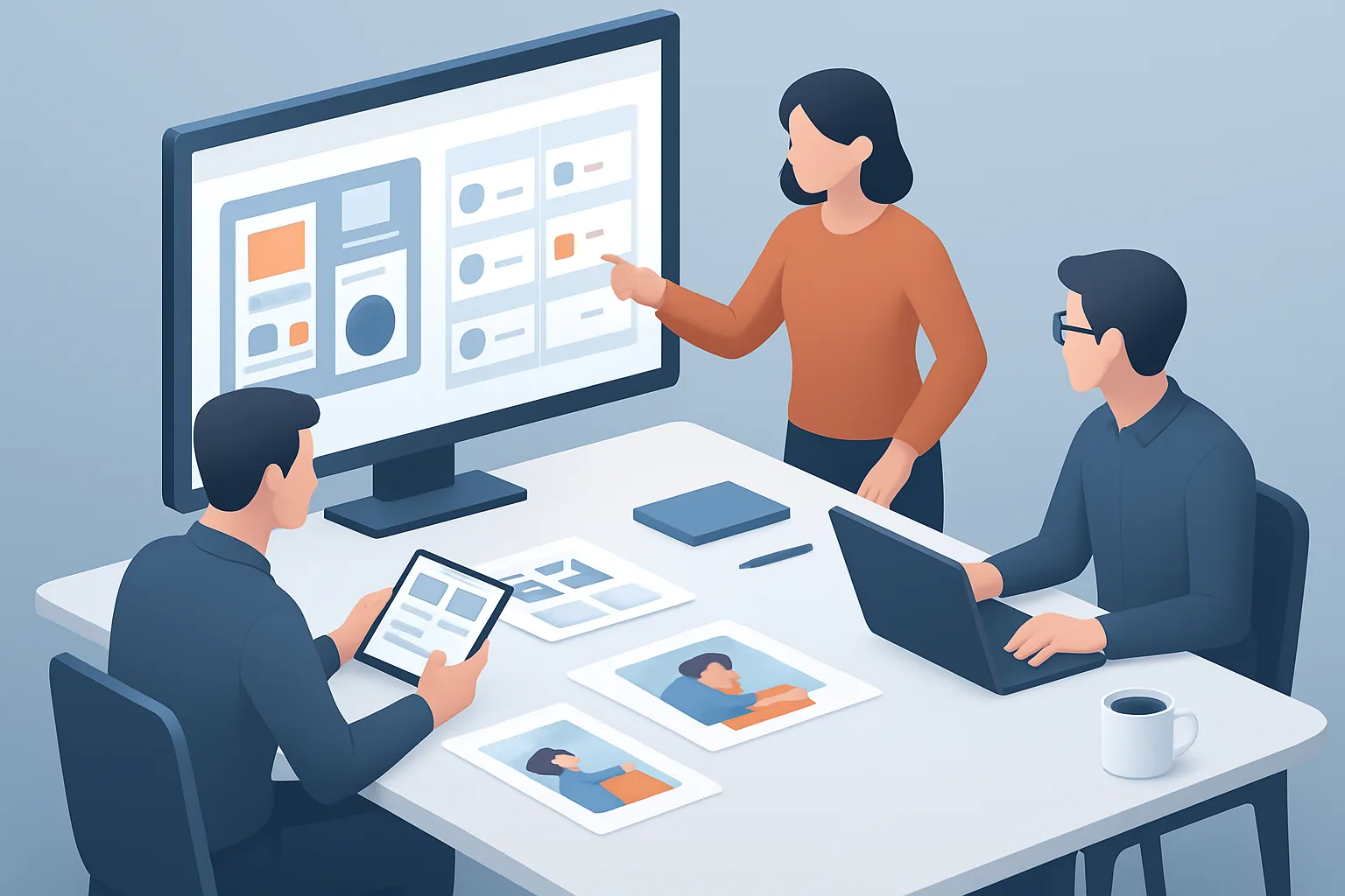 Delivering Superior Digital: a Practical Execution Framework 1 Editorial-style isometric workspace showing a team planning a digital product launch: moodboard and Figma files on a large screen, a Trello-like board labeled Discovery → Strategy → Development → Launch, product photos on a table, and a…